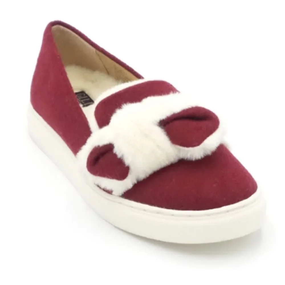 G.I.L.I MARITZA Deep Red Cream Fur Lined Bow Slip On Felted Sneaker Loafers NEW